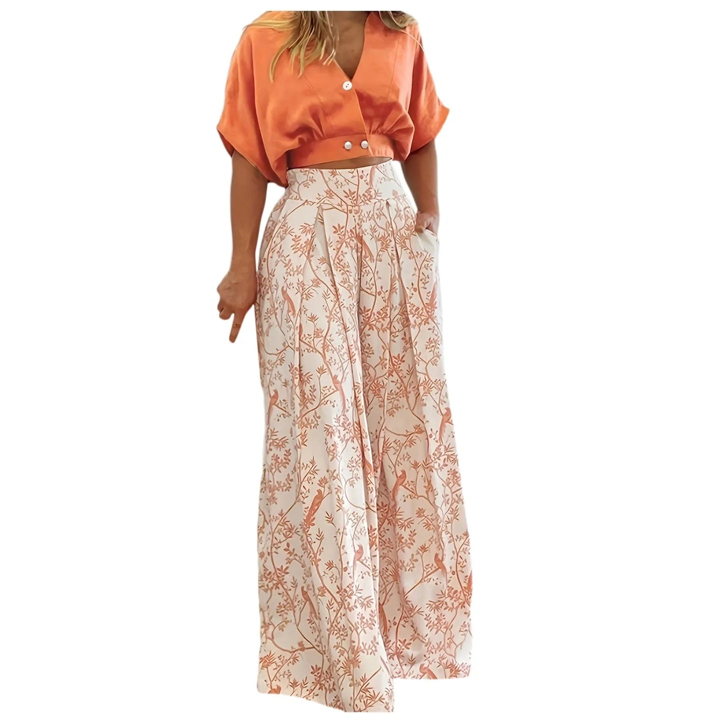 Casual Vacation Sets for Women Solid Half Sleeve Button Down V Neck Cropped