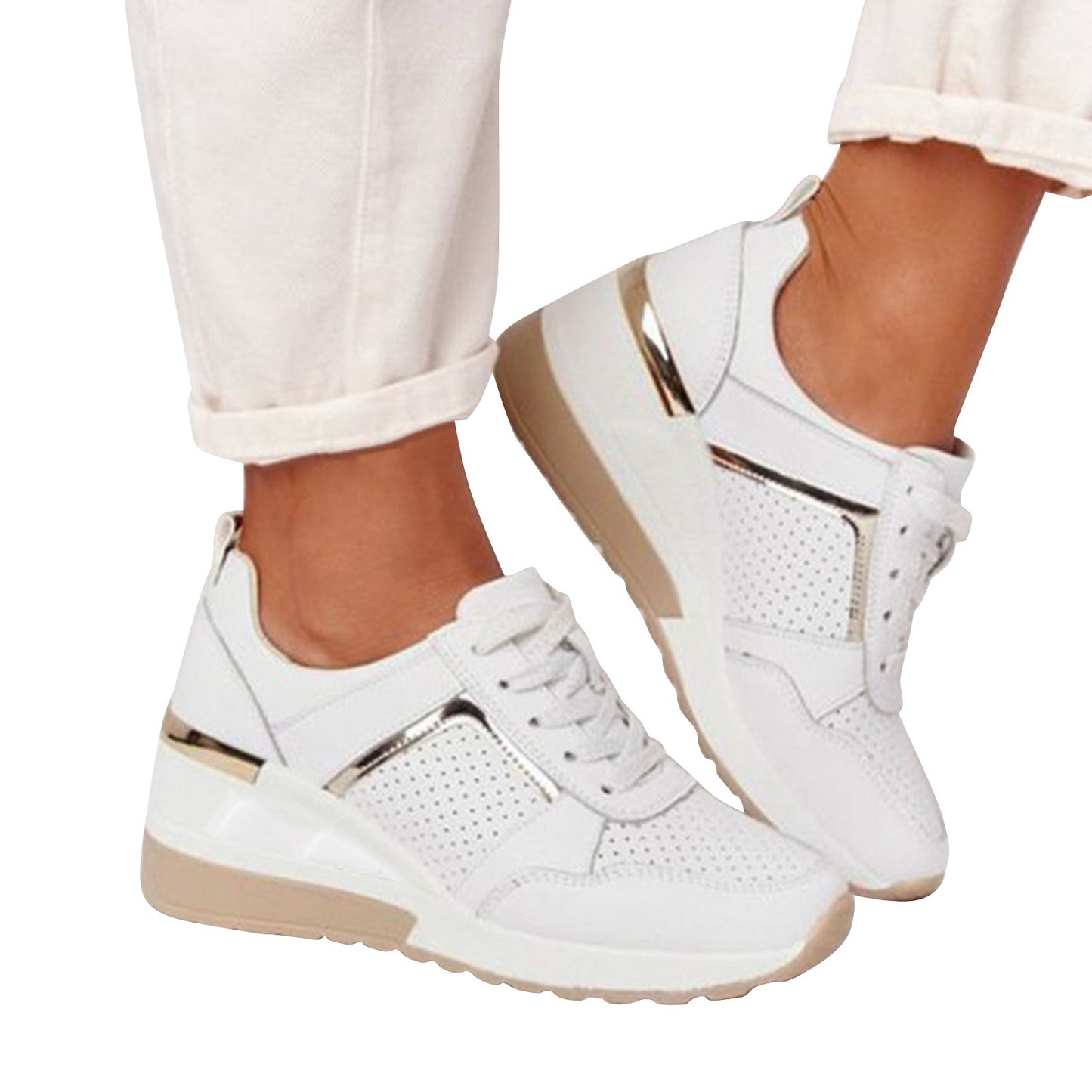 Leather Lace Up Sneakers Women'S Tennis Shoes Round Head Breathable Thick