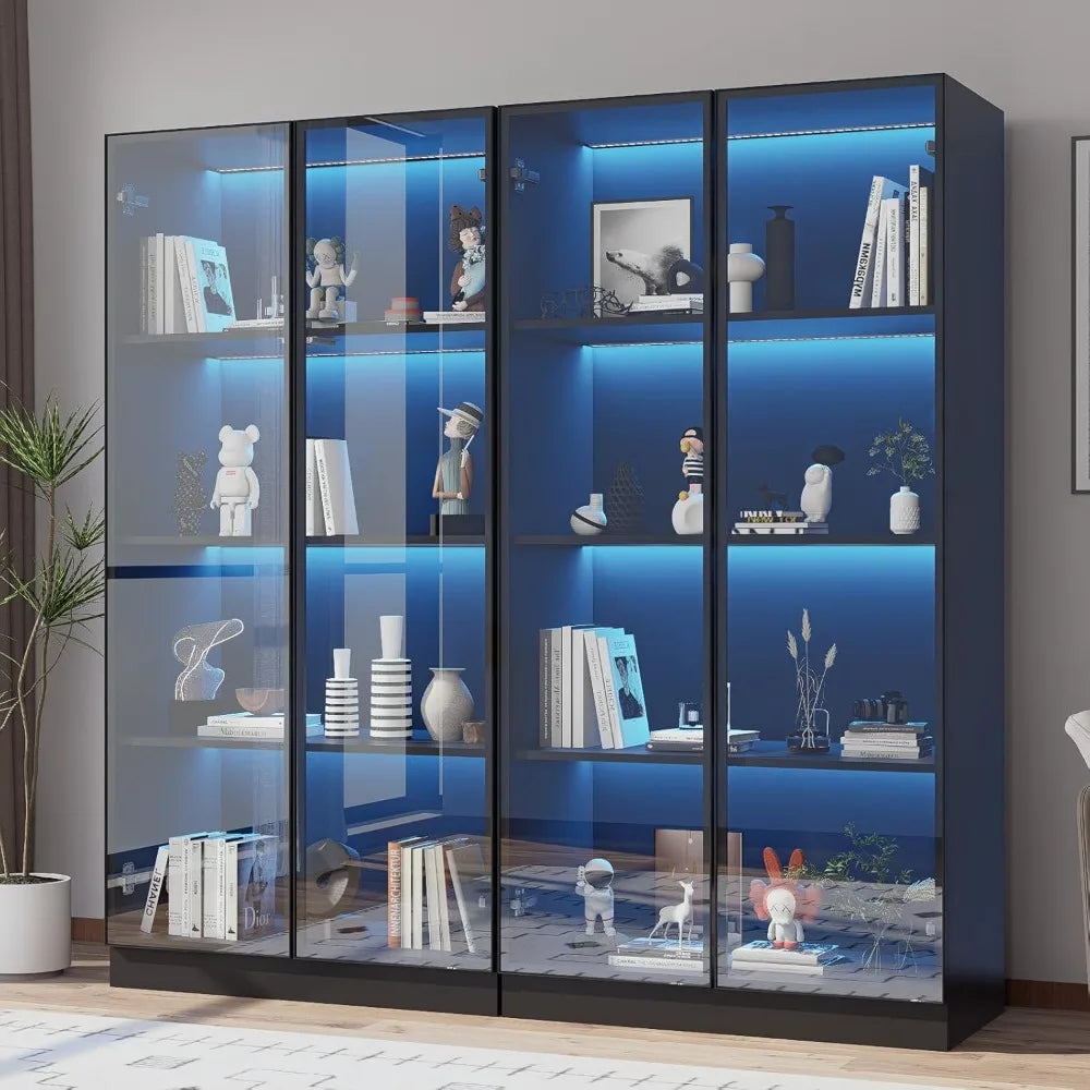 Display Cabinet with LED Lights Set of 2, 4-Tier Shelves Curio Cabinet with 2 Glass Doors