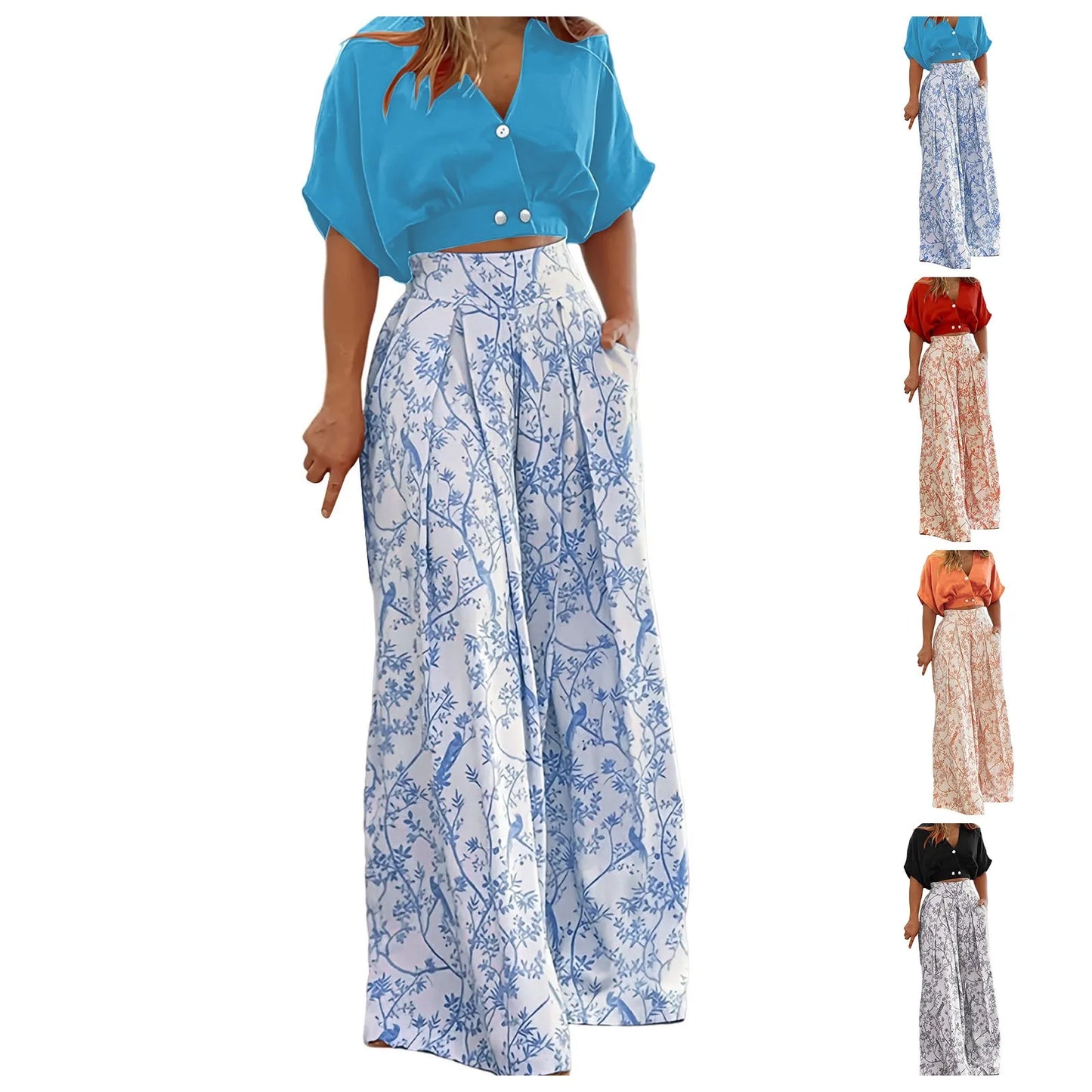 Casual Vacation Sets for Women Solid Half Sleeve Button Down V Neck Cropped