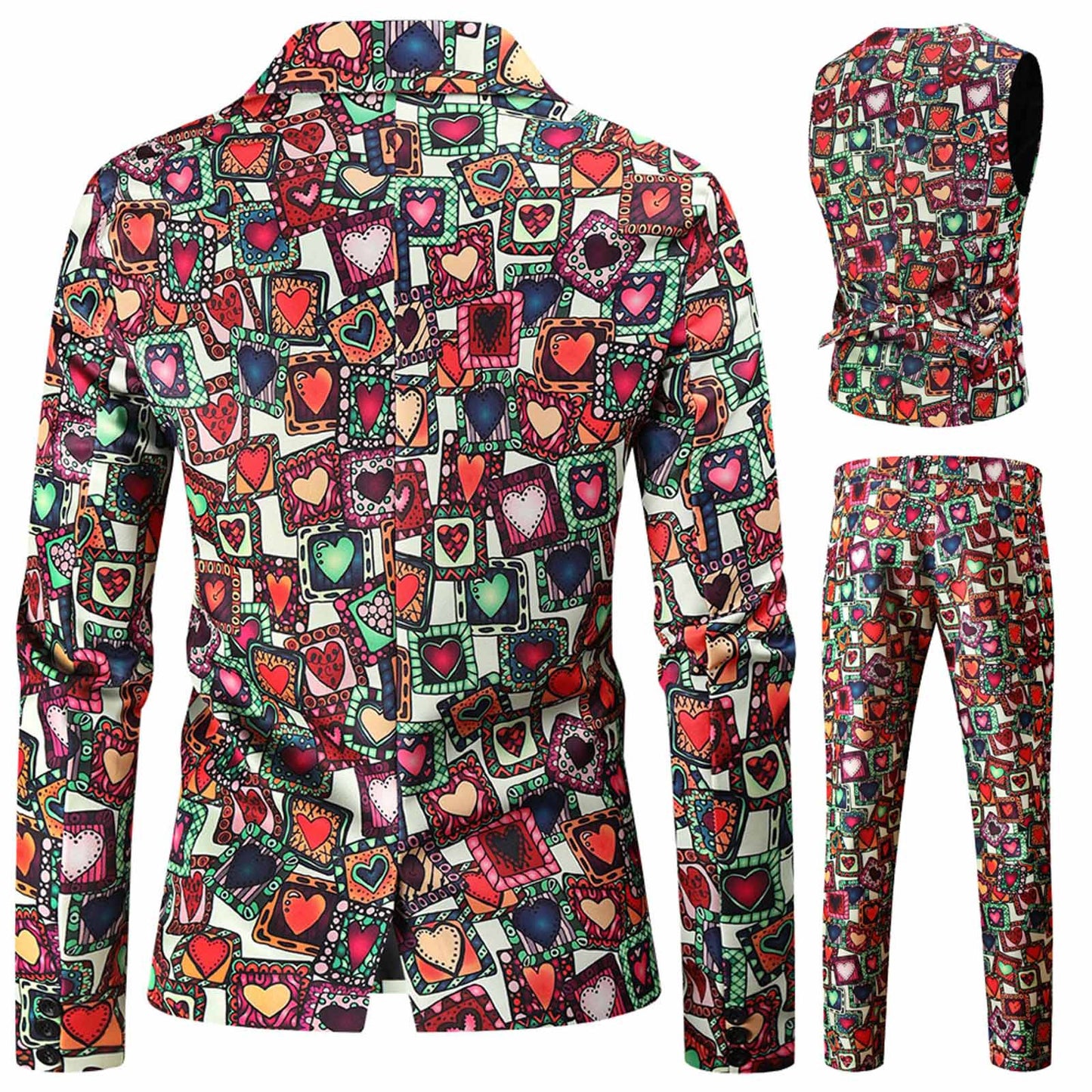 Valentine's Gift Men's Fashion Suit Three-Piece Sets Party Coat 3d Heart Printed