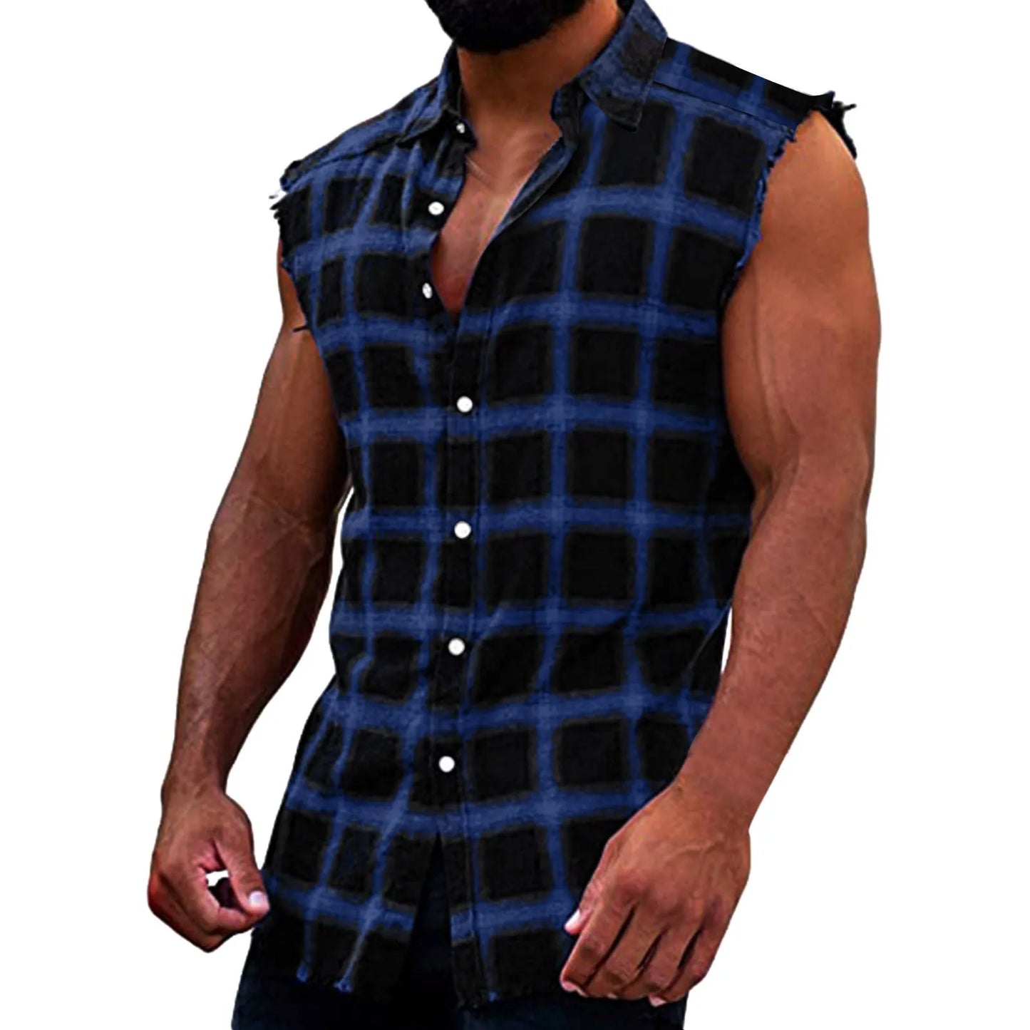 Men's Summer Fashion Casual Plaid Print Sleeveless T Shirt Vest Buckle