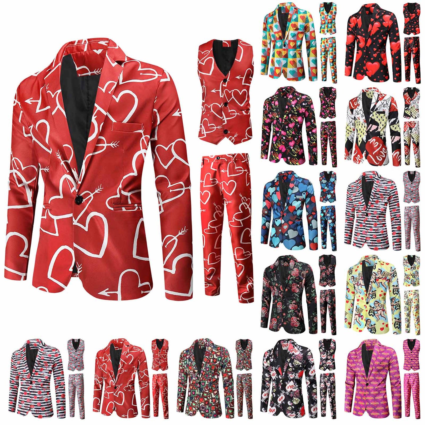 Valentine's Gift Men's Fashion Suit Three-Piece Sets Party Coat 3d Heart Printed