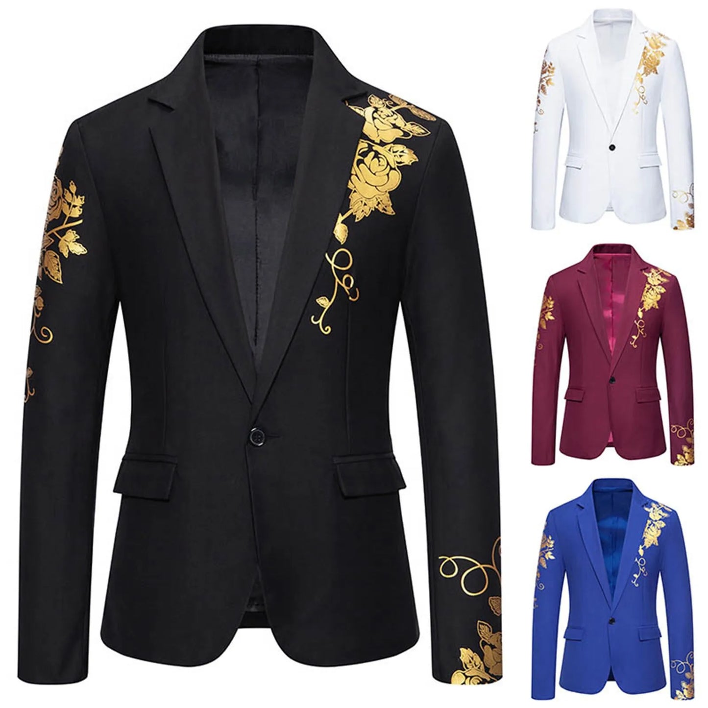 Gold Applique Suits For Men White High-End Smoothy One Button Lapel Wedding Slim