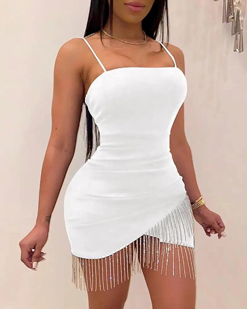 Elegant Sleeveless Midi Dress with Adjustable Spaghetti Straps and Stylish Tassel