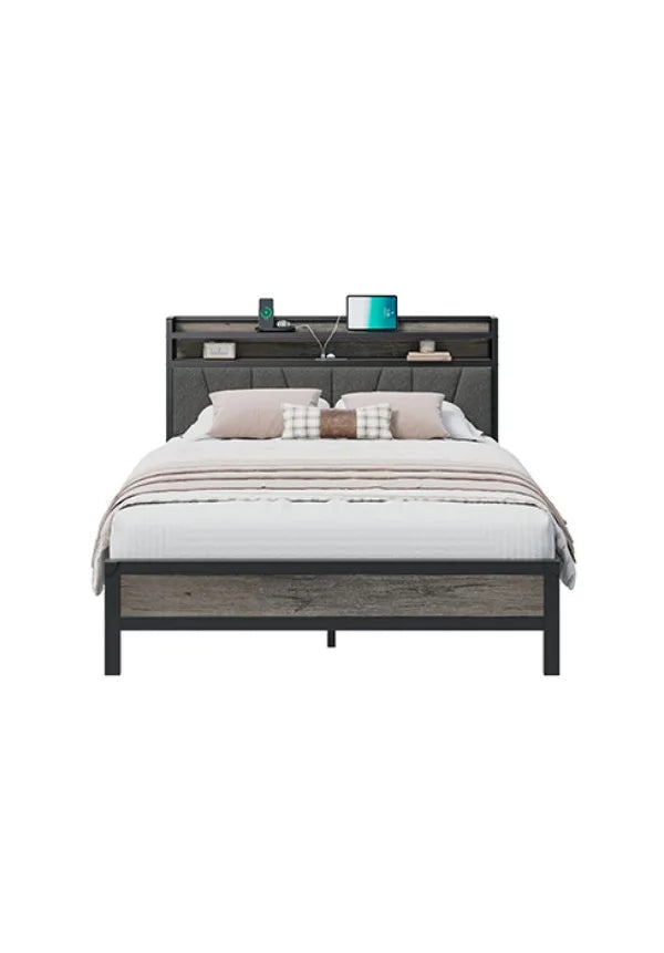 Queen Size Bed Frame with RGBW LED Lights & Charging Station, Upholstered Headboard