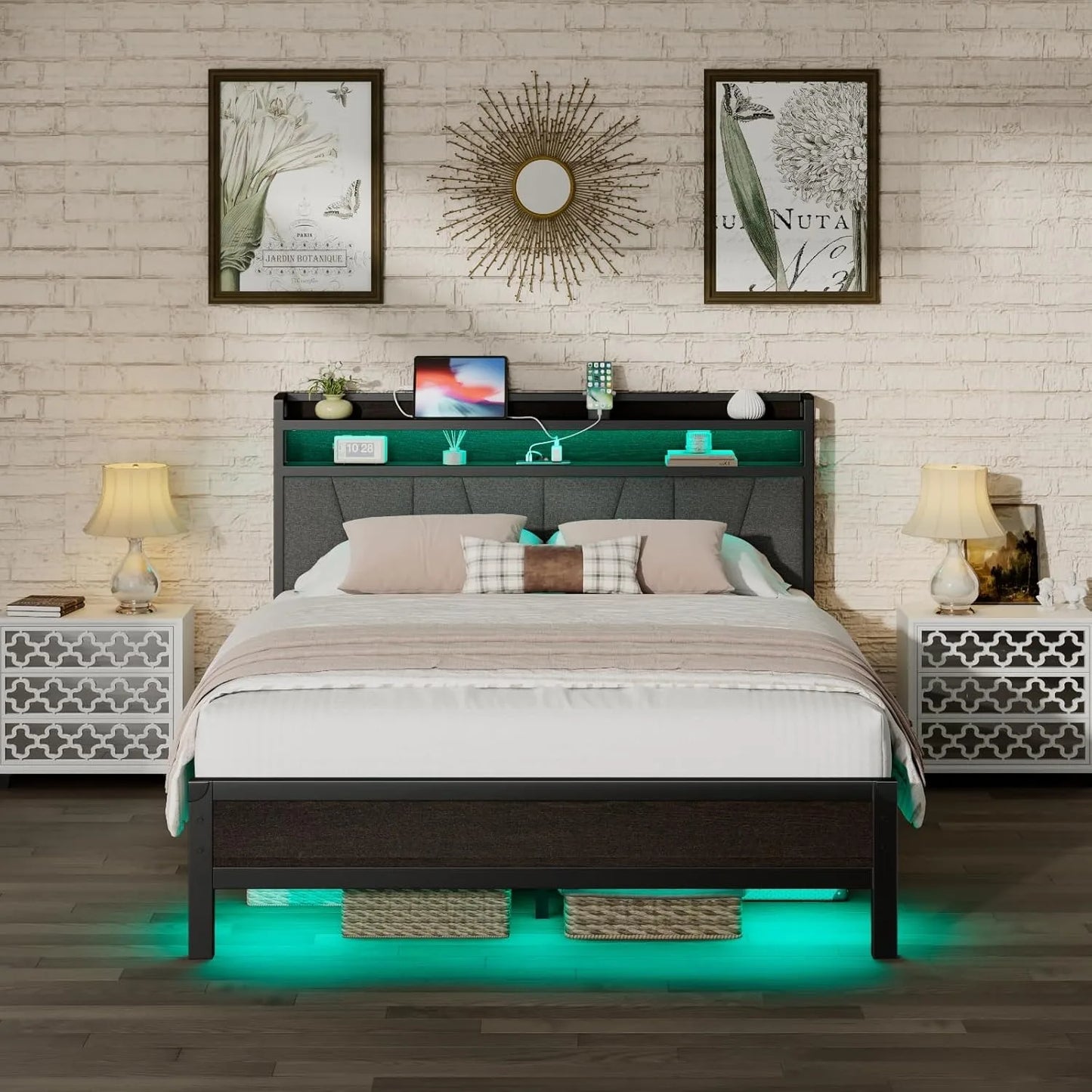 Queen Size Bed Frame with RGBW LED Lights & Charging Station, Upholstered Headboard
