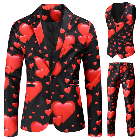 Valentine's Gift Men's Fashion Suit Three-Piece Sets Party Coat 3d Heart Printed