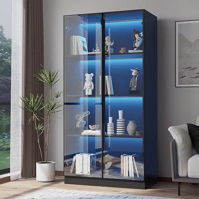 Display Cabinet with LED Lights Set of 2, 4-Tier Shelves Curio Cabinet with 2 Glass Doors