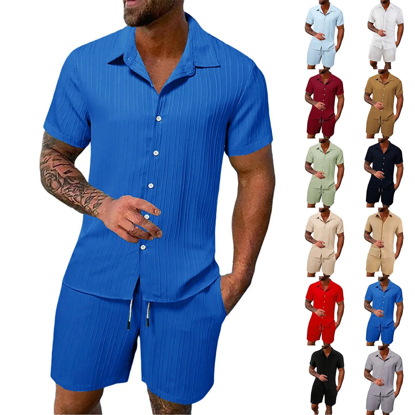 Casual Shirt Solid color Loose Short Sleeve Shorts Beach two-piece