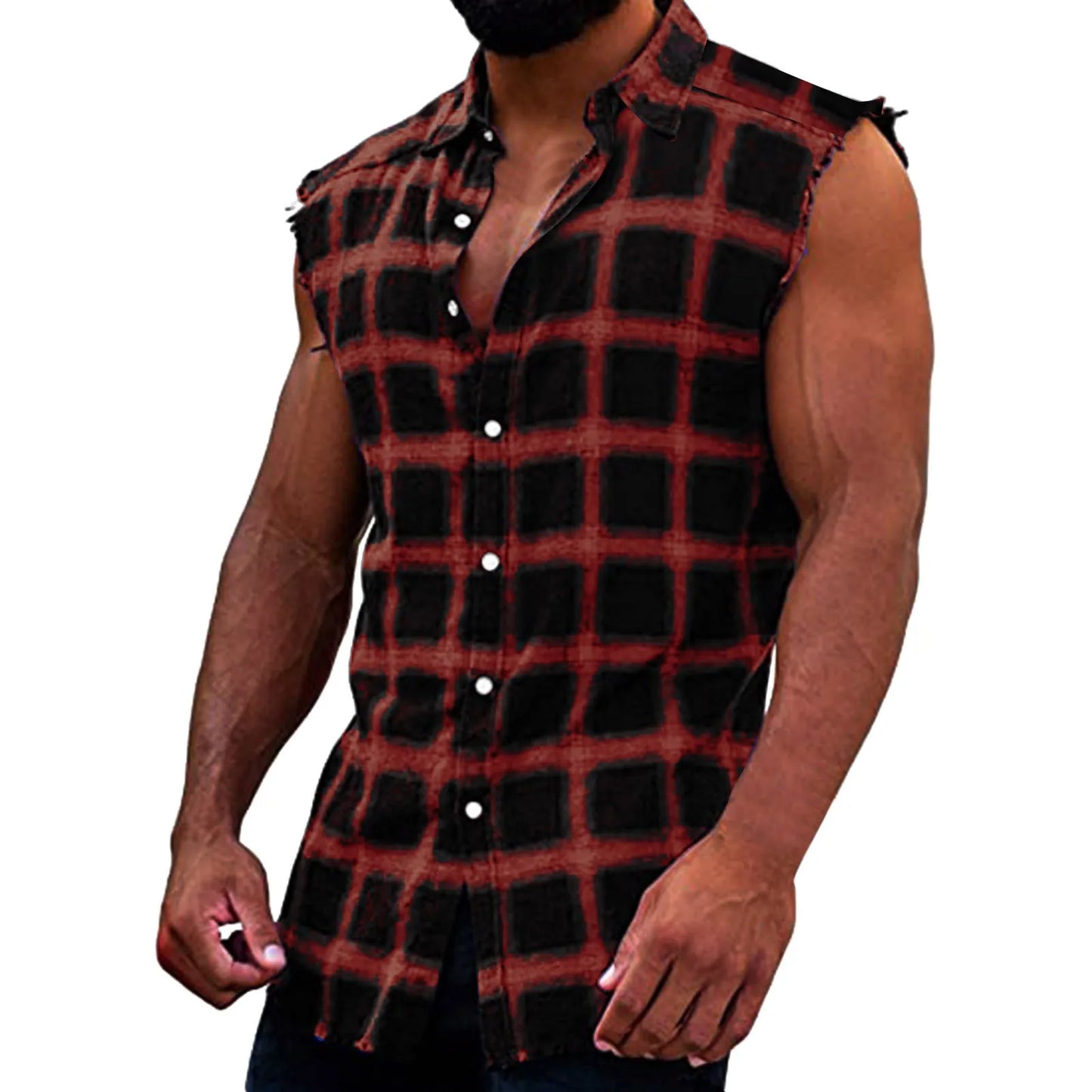 Men's Summer Fashion Casual Plaid Print Sleeveless T Shirt Vest Buckle