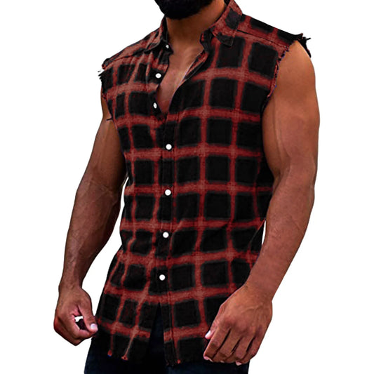 Men's Summer Fashion Casual Plaid Print Sleeveless T Shirt Vest Buckle