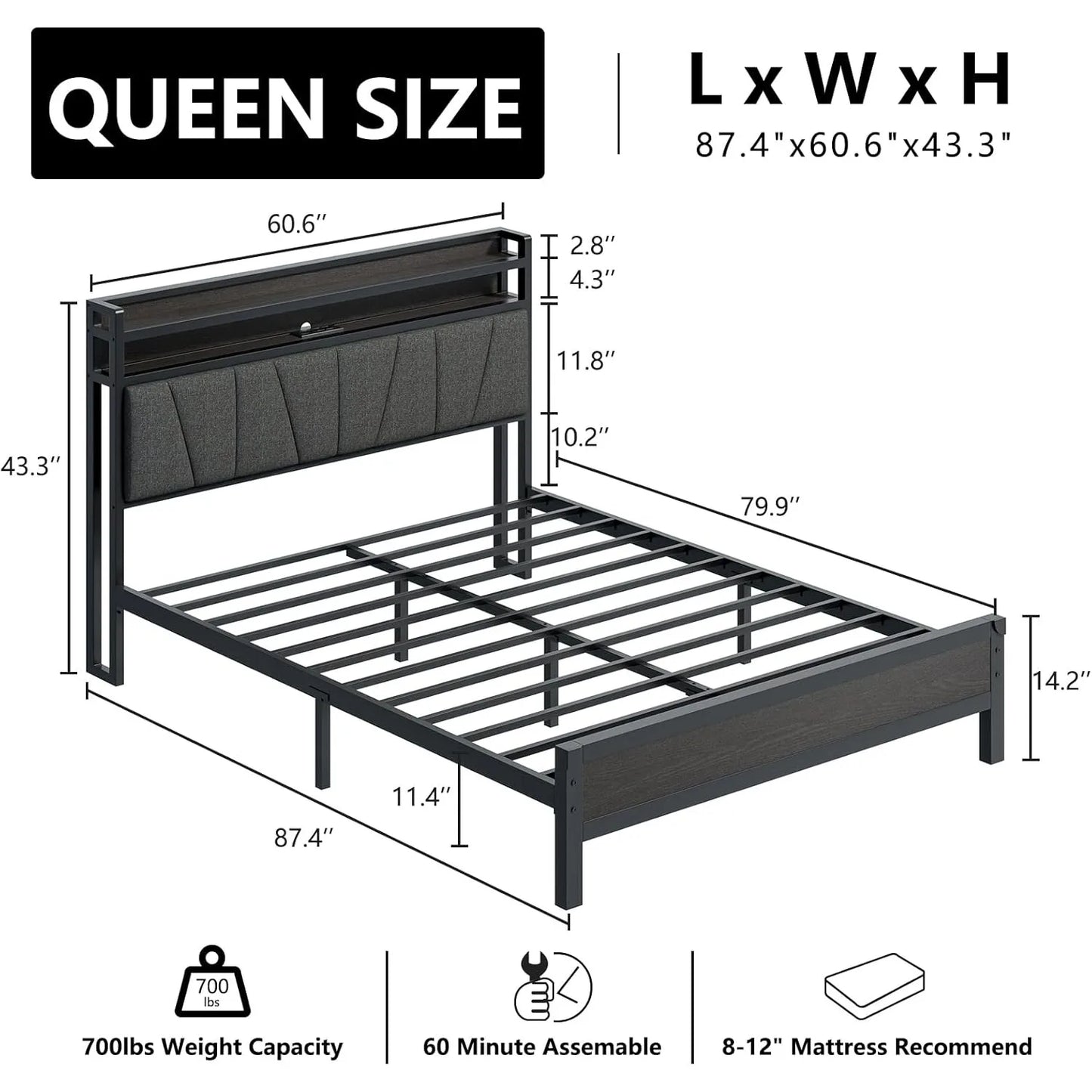 Queen Size Bed Frame with RGBW LED Lights & Charging Station, Upholstered Headboard