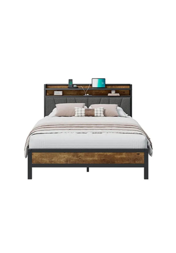 Queen Size Bed Frame with RGBW LED Lights & Charging Station, Upholstered Headboard