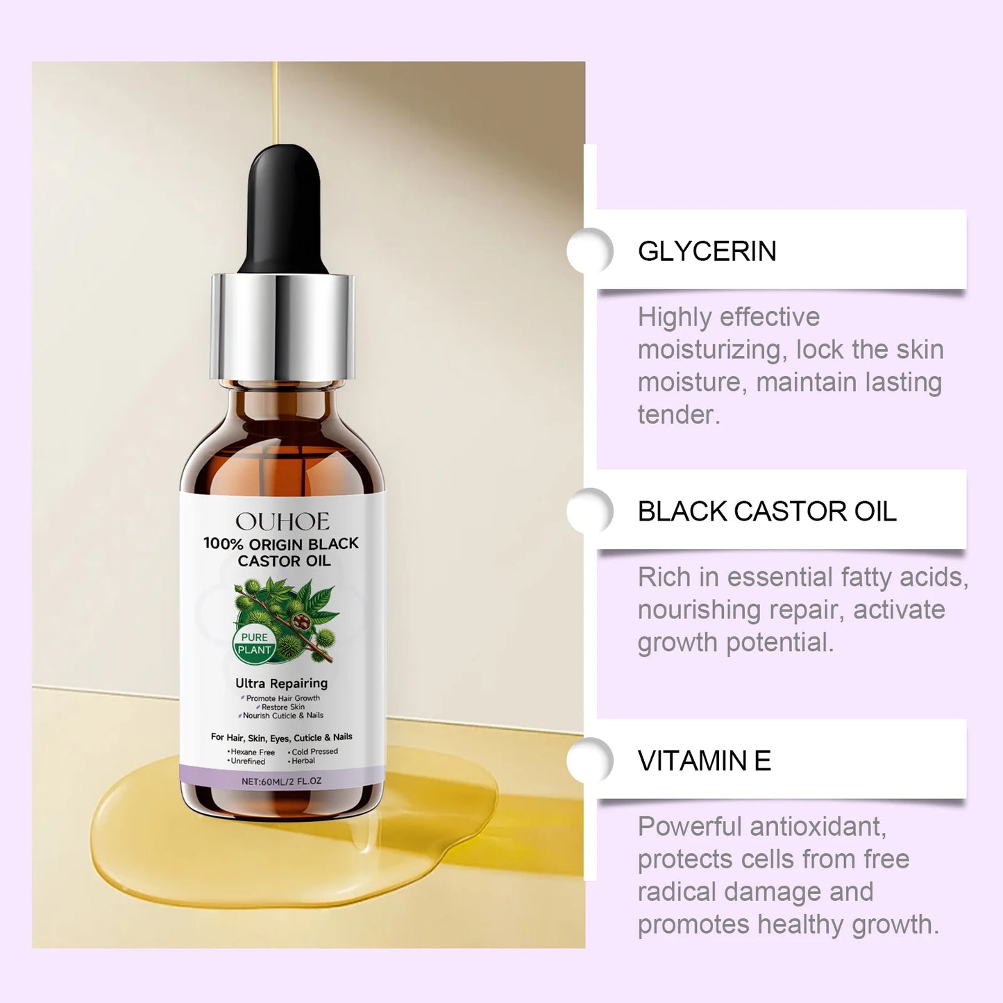 Black Castor Oil Essential Oil Makes Hair Smooth and Shiny. Multi-effect Care Essential