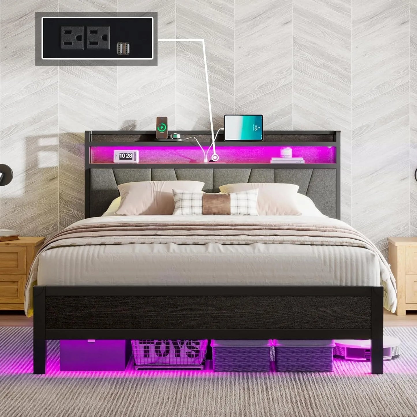 Queen Size Bed Frame with RGBW LED Lights & Charging Station, Upholstered Headboard