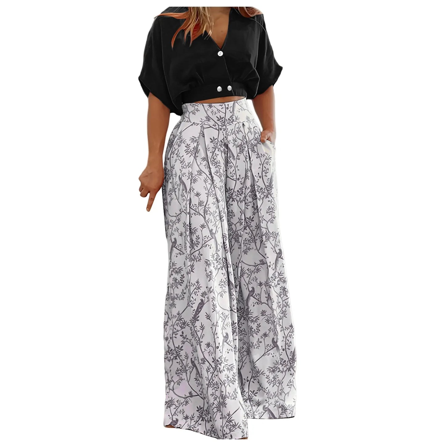 Casual Vacation Sets for Women Solid Half Sleeve Button Down V Neck Cropped