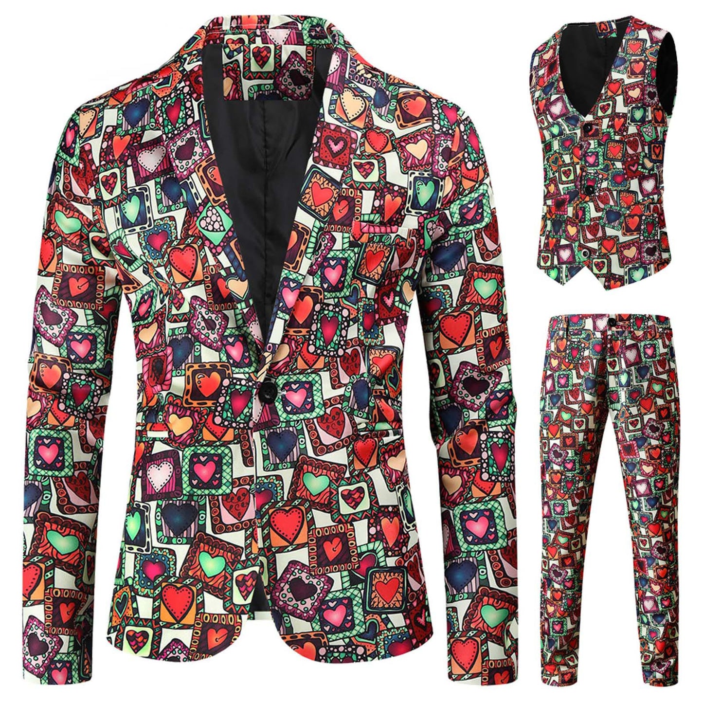 Valentine's Gift Men's Fashion Suit Three-Piece Sets Party Coat 3d Heart Printed