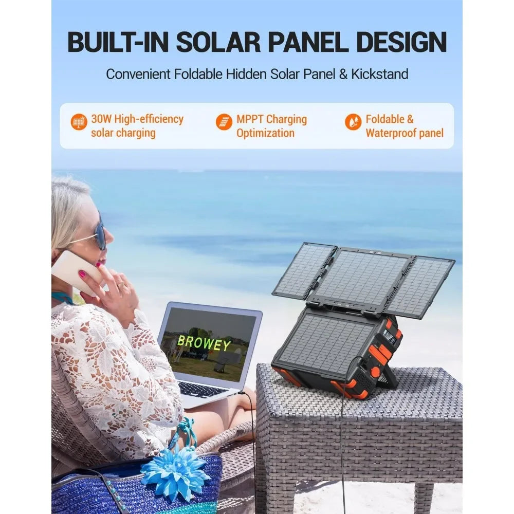 Portable Power Station with Hidden Folding Solar Panel, Self-charge & Pass-through