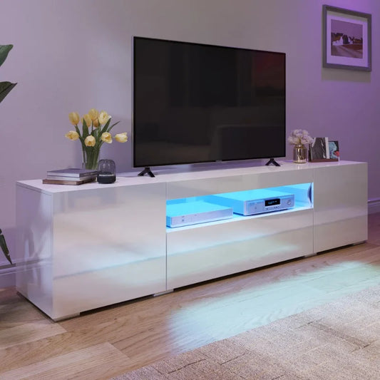 Dextrus Large LED TV stand for 75 inch TVs White High Glossy Media Center