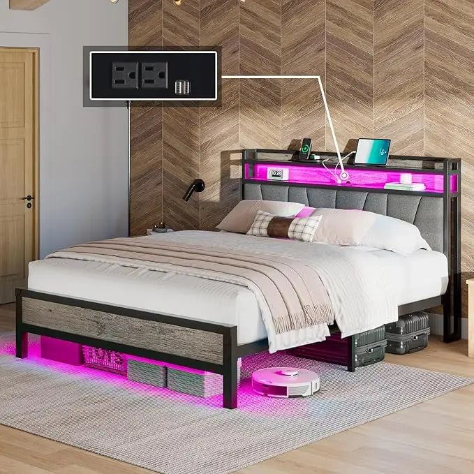 Queen Size Bed Frame with RGBW LED Lights & Charging Station, Upholstered Headboard