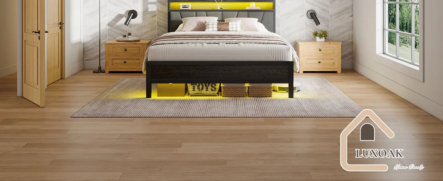 Queen Size Bed Frame with RGBW LED Lights & Charging Station, Upholstered Headboard
