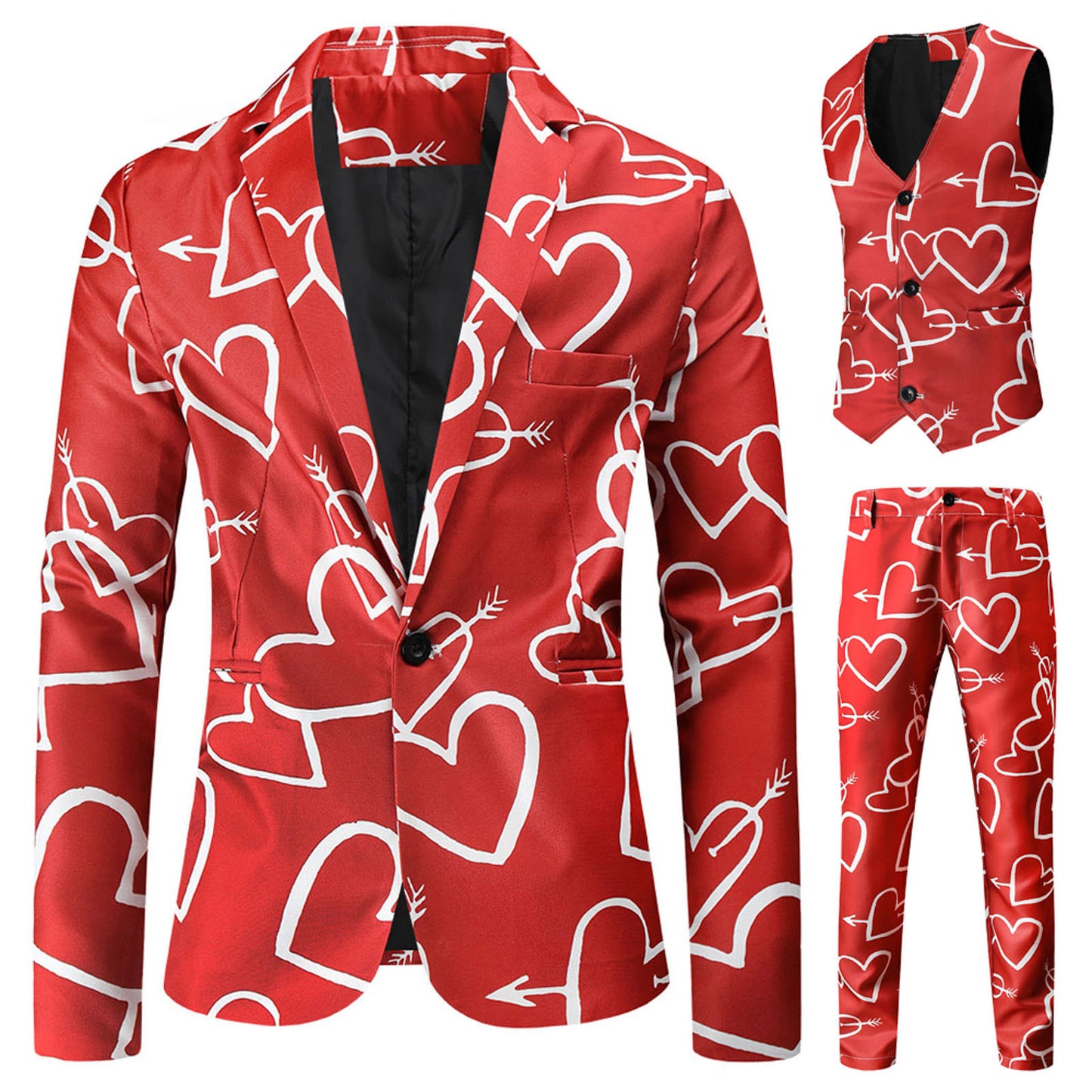 Valentine's Gift Men's Fashion Suit Three-Piece Sets Party Coat 3d Heart Printed