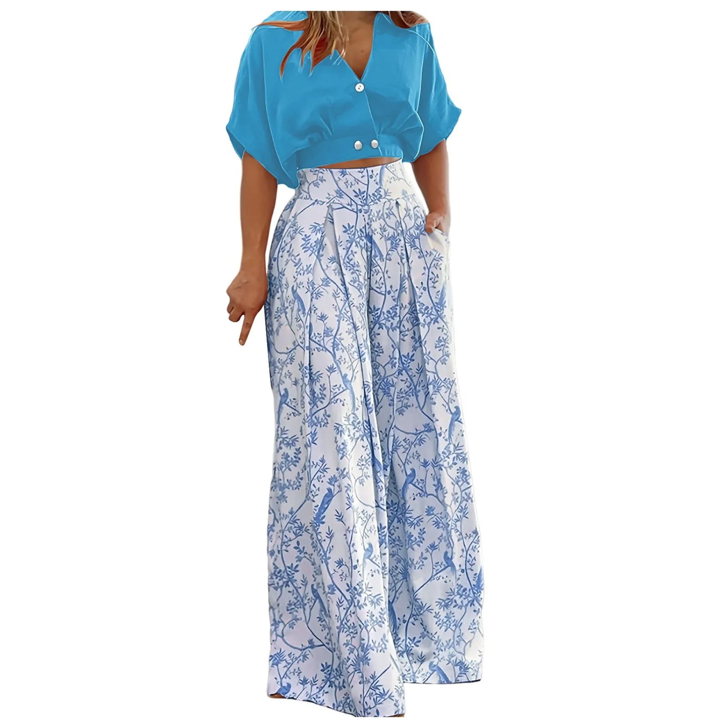 Casual Vacation Sets for Women Solid Half Sleeve Button Down V Neck Cropped