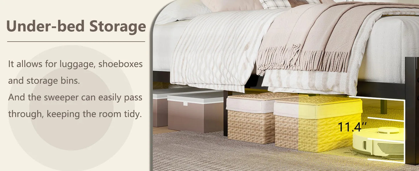 Queen Size Bed Frame with RGBW LED Lights & Charging Station, Upholstered Headboard