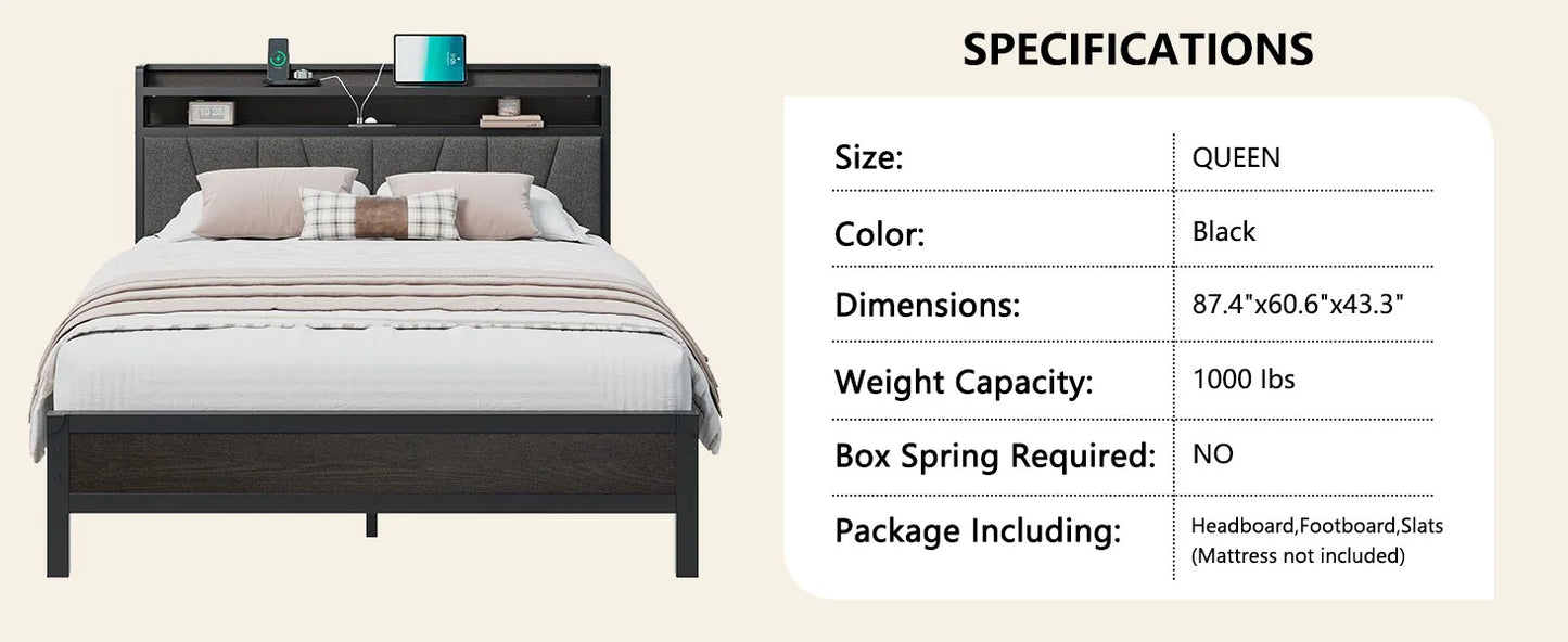 Queen Size Bed Frame with RGBW LED Lights & Charging Station, Upholstered Headboard