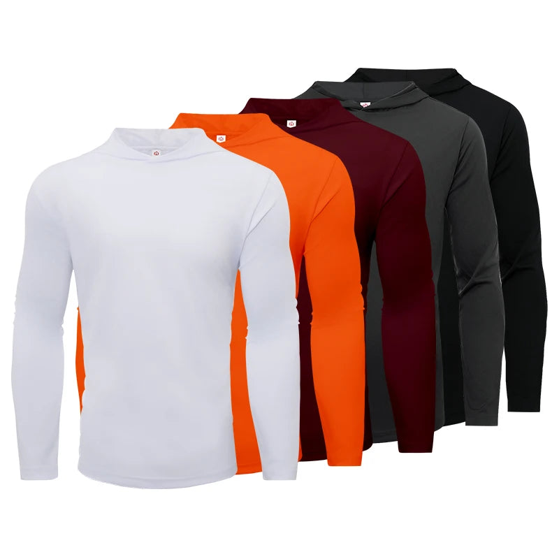 Men's five piece sports long sleeved T-shirt, hooded solid color breathable