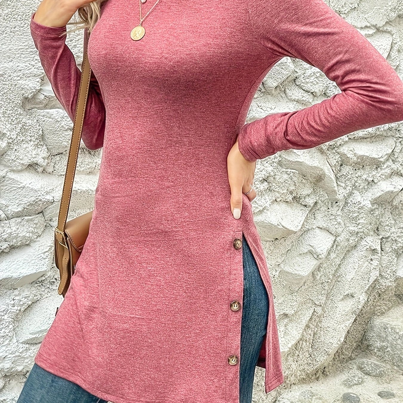 Stylish Long Sleeve Crew Neck T-Shirt - Women's Fall Winter Tops, Solid Color