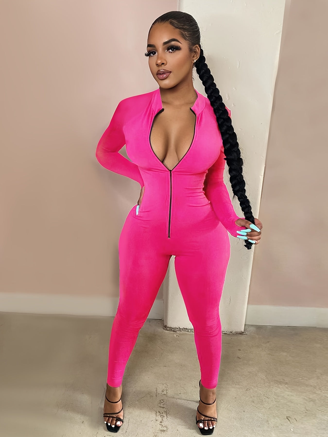 Women's Sexy Bodycon Zip Up Jumpsuit, Solid Long Sleeve Stretchy Jumpsuit