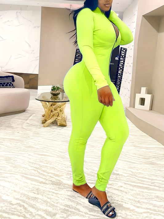 Women's Sexy Bodycon Zip Up Jumpsuit, Solid Long Sleeve Stretchy Jumpsuit